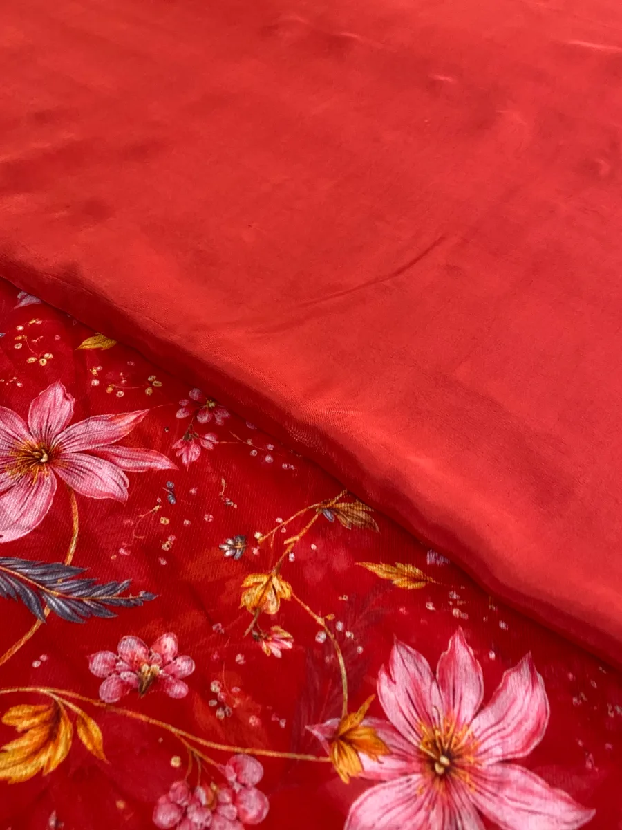 Organza & Crepe | Red & Floral | Printed | Unstitched Suit