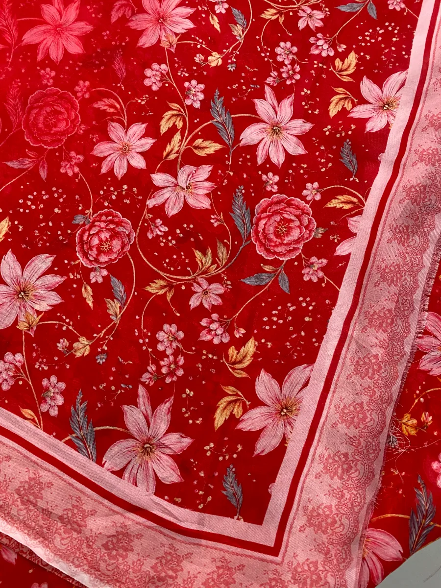 Organza & Crepe | Red & Floral | Printed | Unstitched Suit