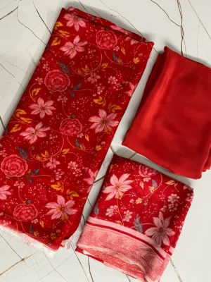 Organza & Crepe | Red & Floral | Printed | Unstitched Suit