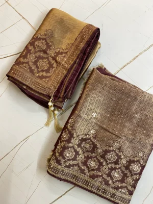 Banarsi Silk | Coffee | Heavy Embroidery & Mirror Work | Unstitched Suit