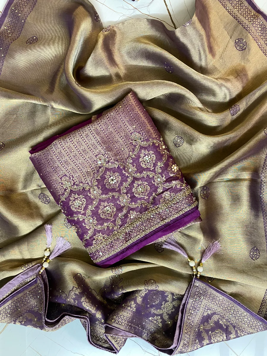 Banarsi Silk | Purple | Heavy Embroidery & Mirror Work | Unstitched Suit