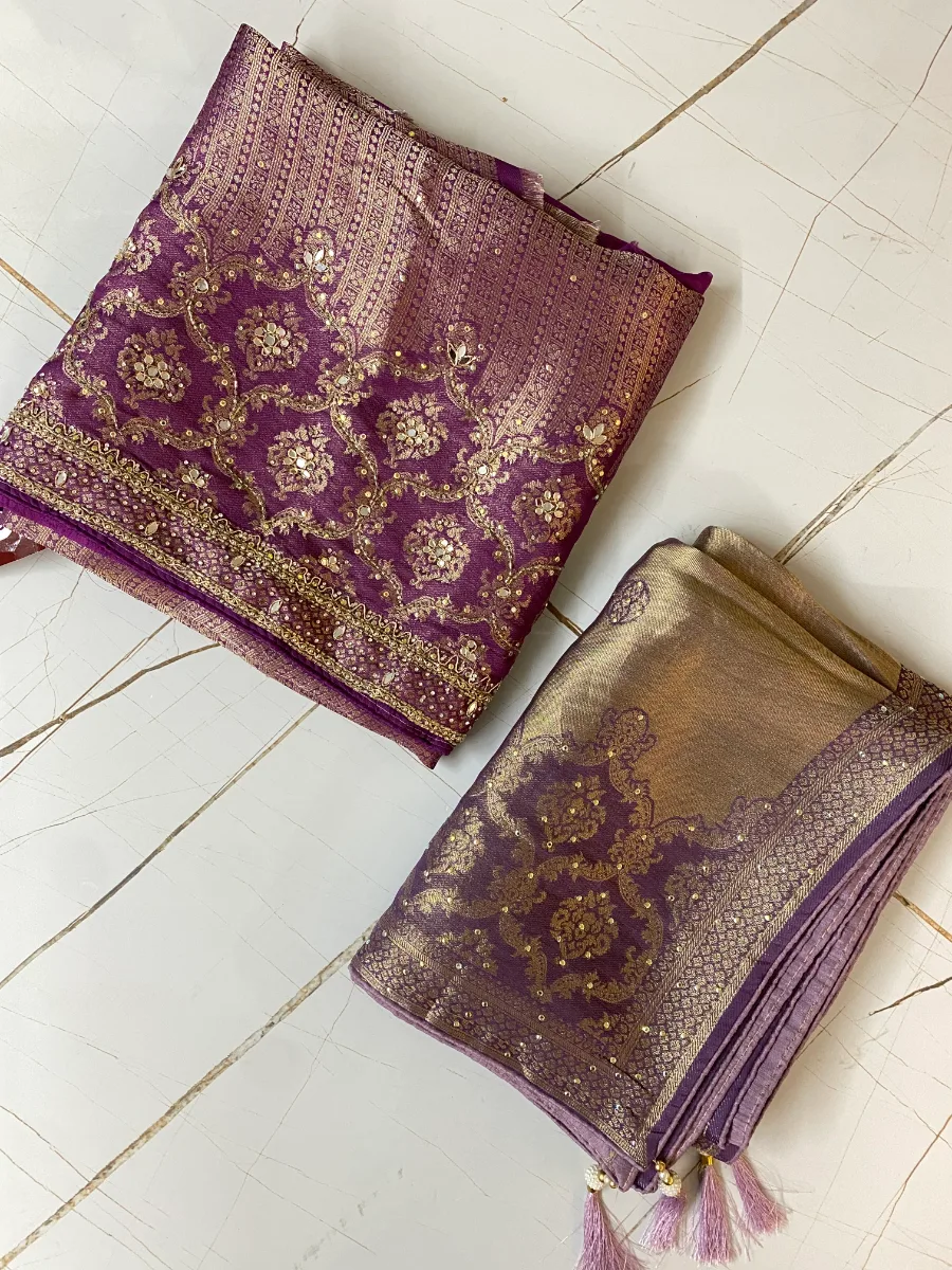 Banarsi Silk | Purple | Heavy Embroidery & Mirror Work | Unstitched Suit